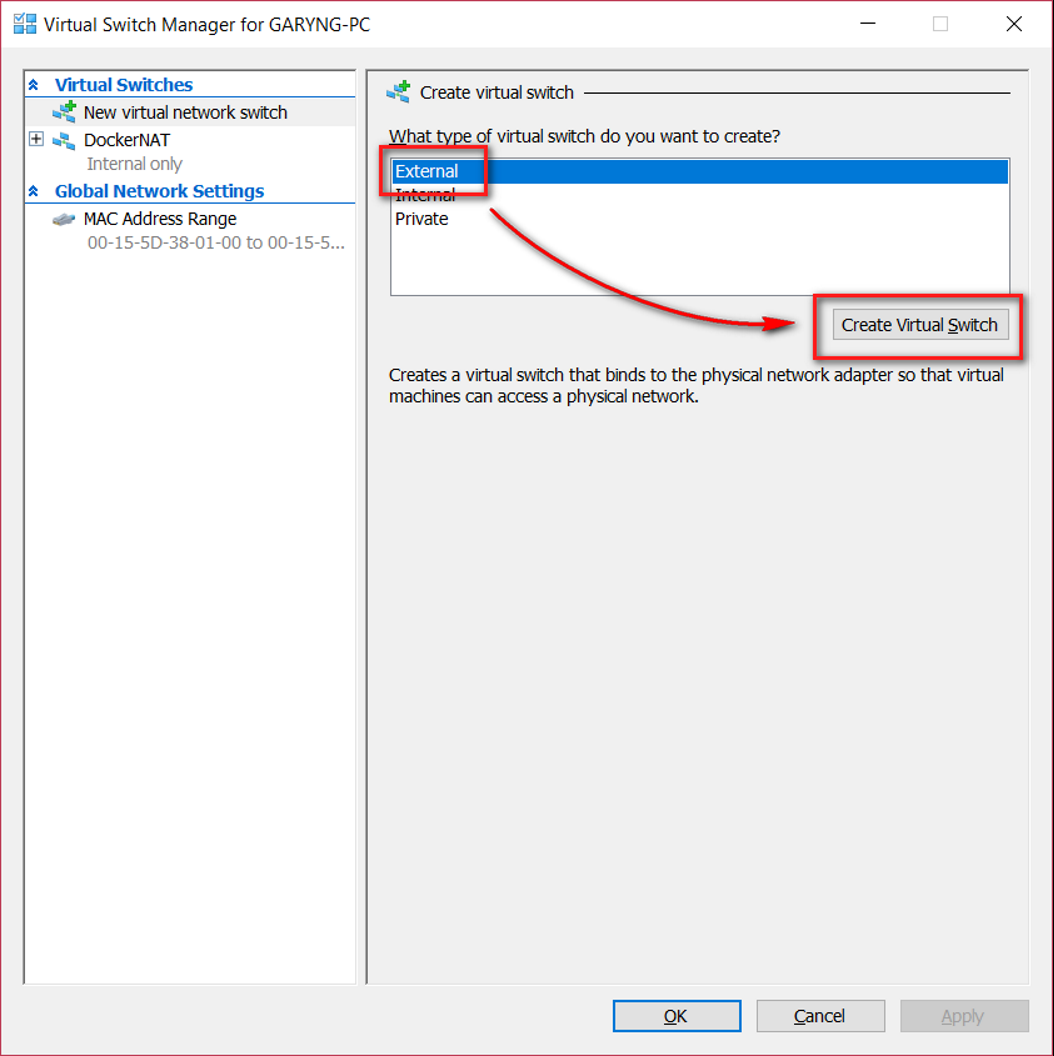 Create a new external virtual switch